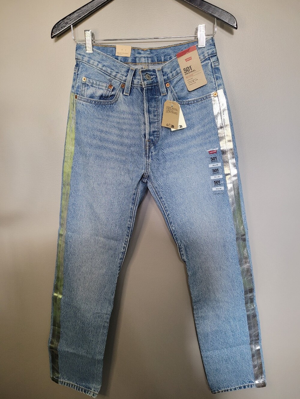Levi's 501 Straight Leg Jeans With Metallic Side Stripes High Rise NWT 26x30